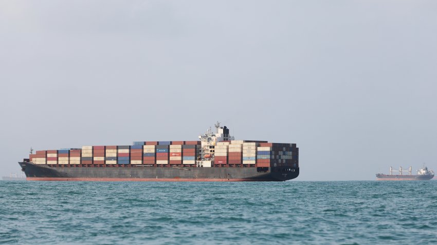 Ships are anchored in the Strait of Hormuz on August 10, 2026, off the coast of Bandar Abbas, Iran.