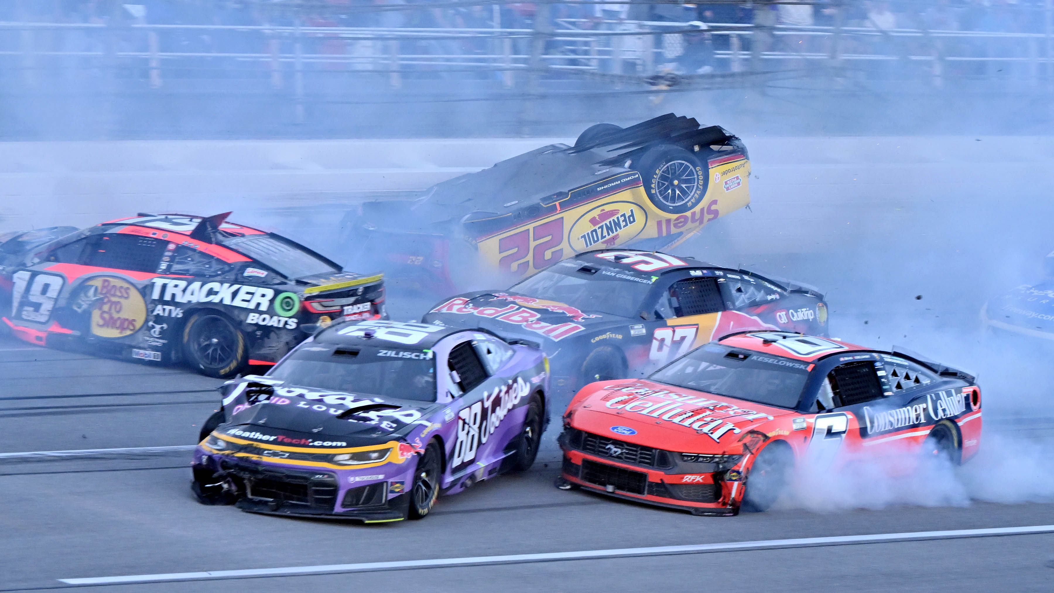 Joey Logano's car goes airborne and flips in scary 15-car NASCAR crash at Talladega