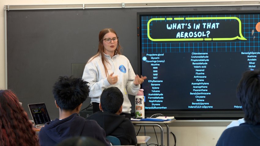 SCSU Senior Public Health Major Avery Katz presents to 8th graders about the health risks associated with vaping.