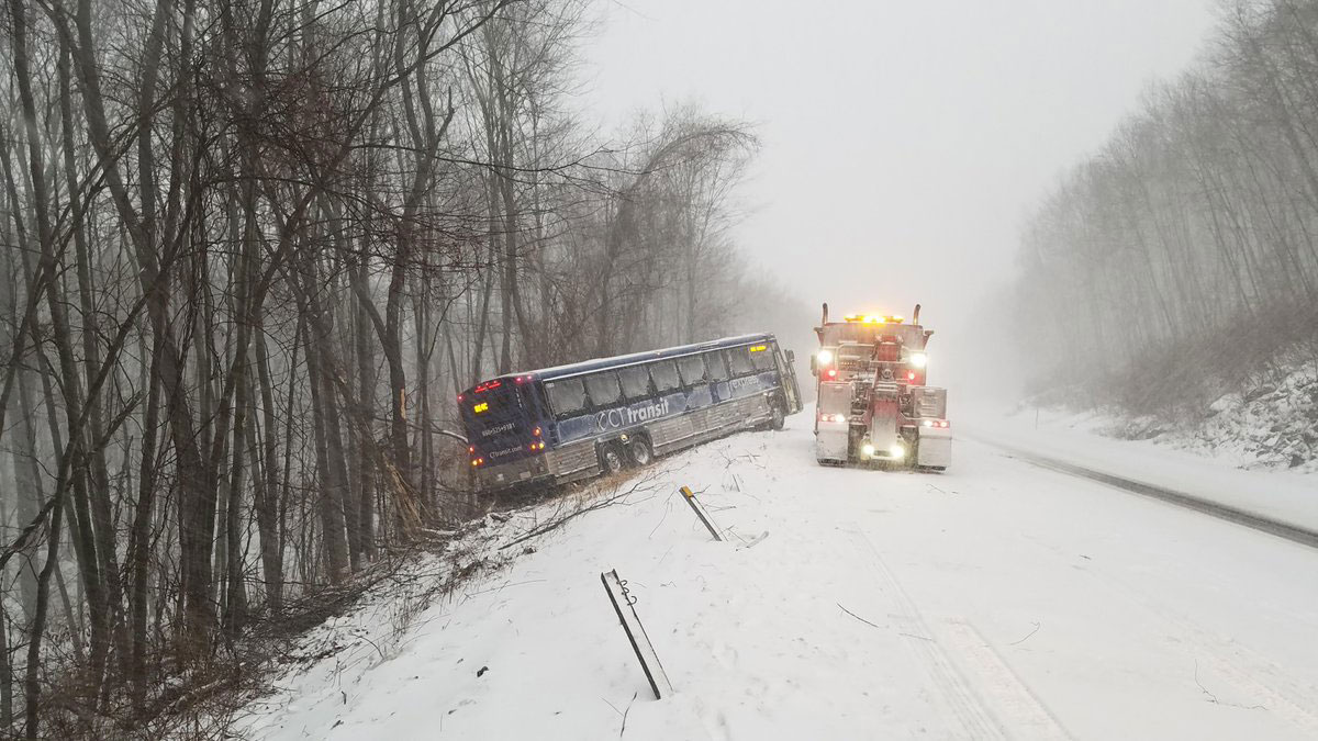 CT Transit Bus Slides Off Slippery Route 2
